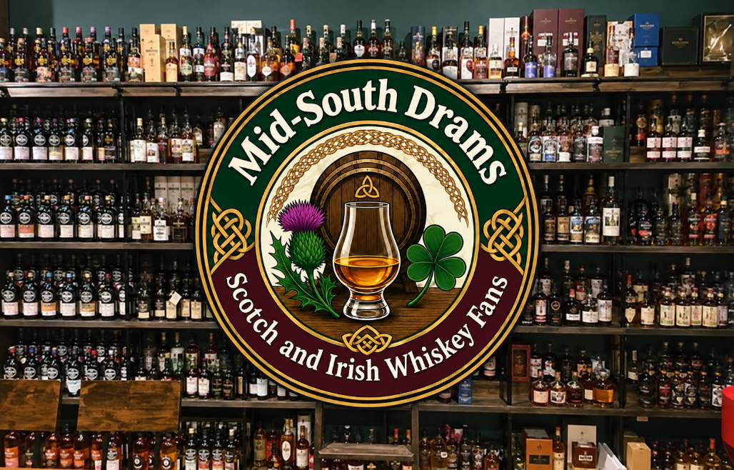 Mid South Drams logo with shelves of whiskey bottles